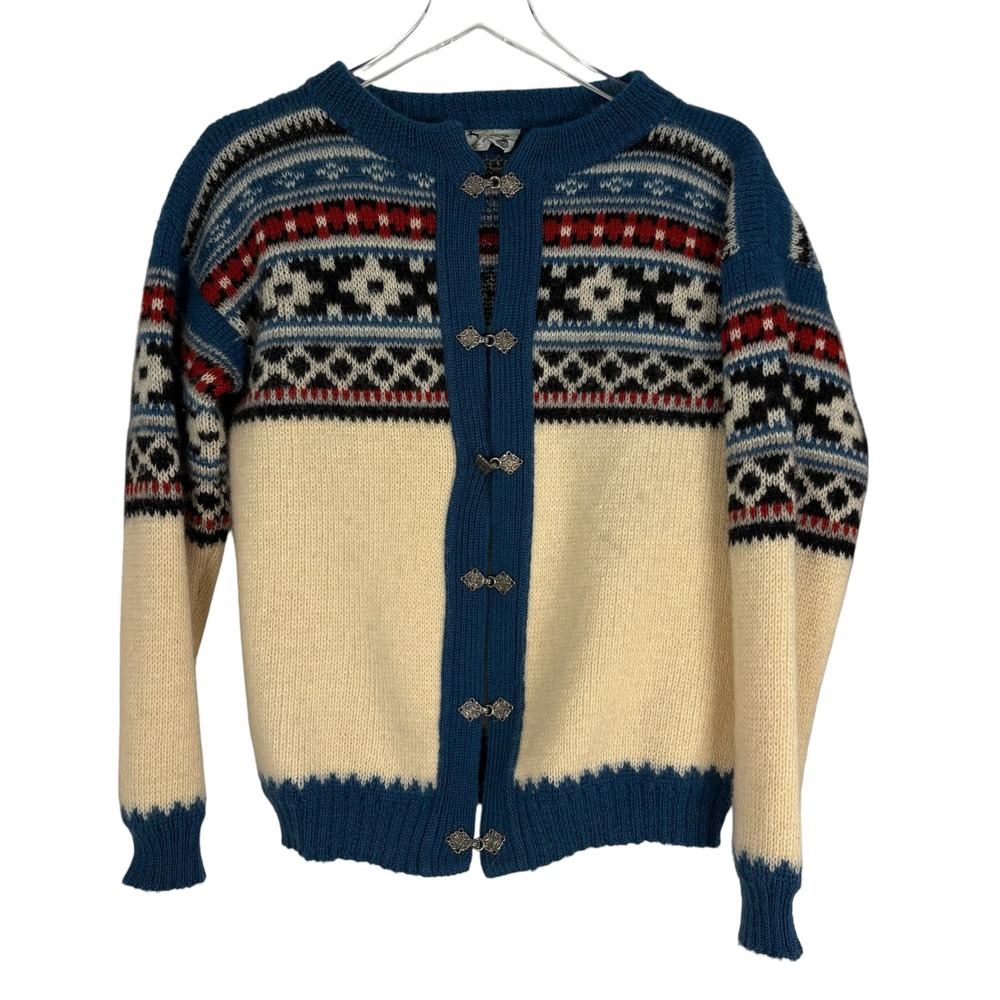 Sandnes Garn Norway‎ Wool Ski Cardigan Sweater Blue Fair Isle Metal Clasp Lg 42
